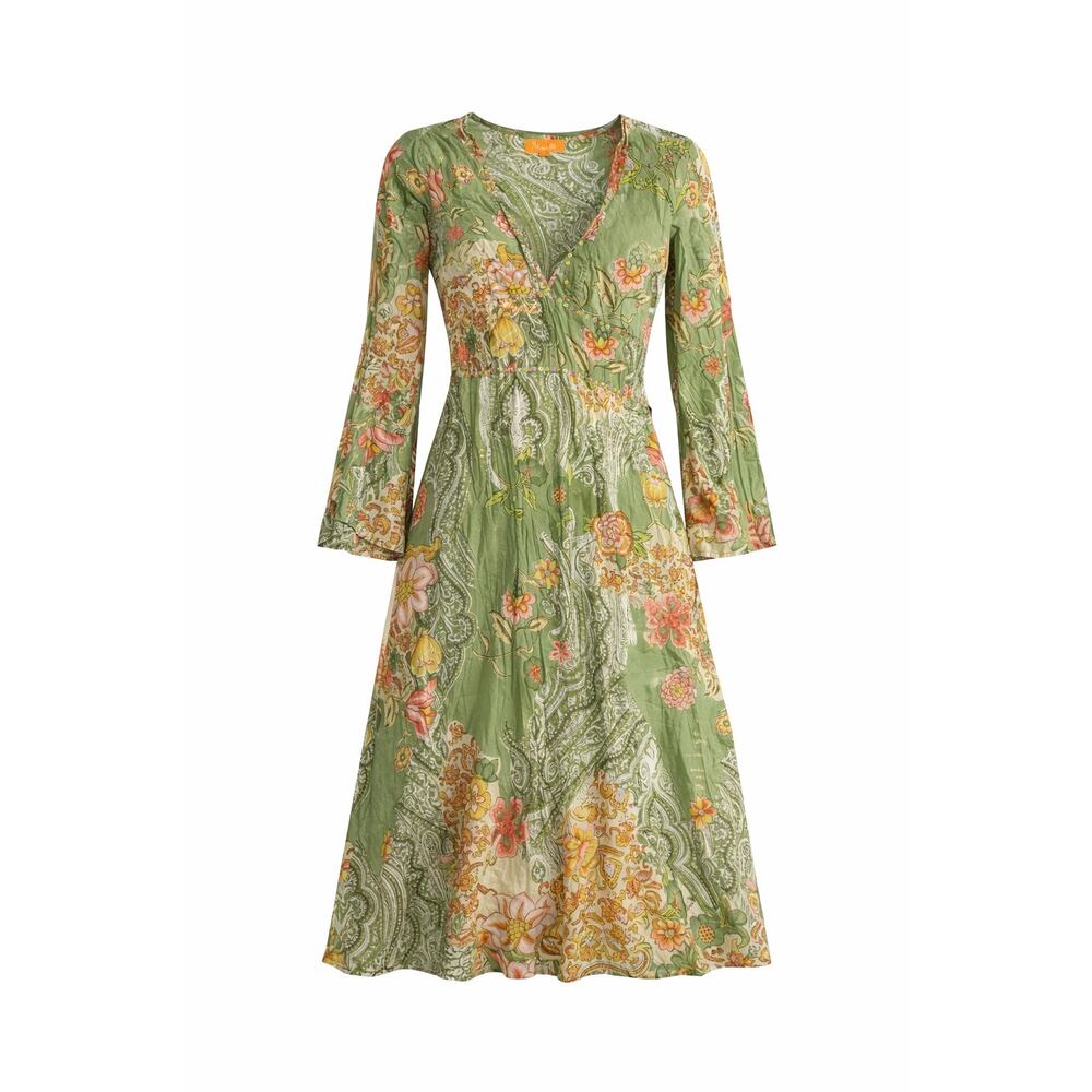 Arabella Boho Prairie Midi Dress Green Floral Beaded Size M